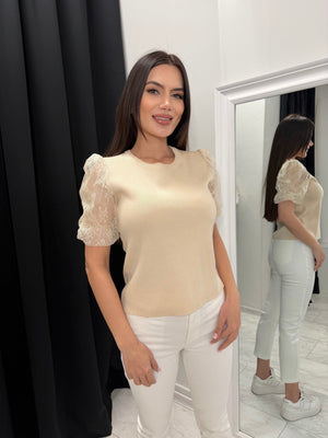 LACE SLEEVE TOP - Bluza z čipkastimi rokavi