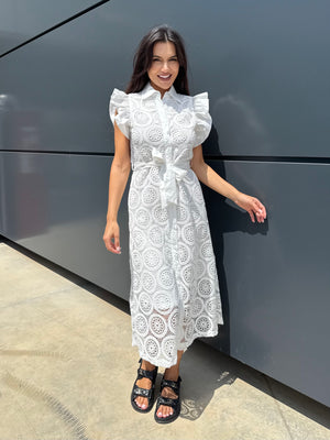 LACE BLOOM MIDI DRESS – WHITE