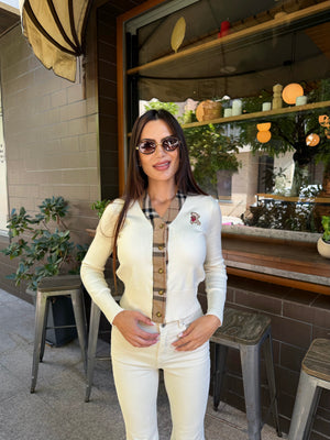 TEDDY CHECK CARDIGAN – cardigan with teddy bear and check details