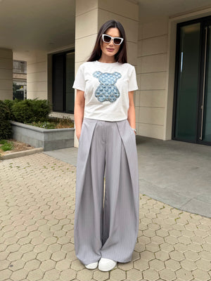 GREY WIDE PINSTRIPE PANTS