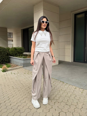 Beige Drape Trousers - Široke drapirane hlače